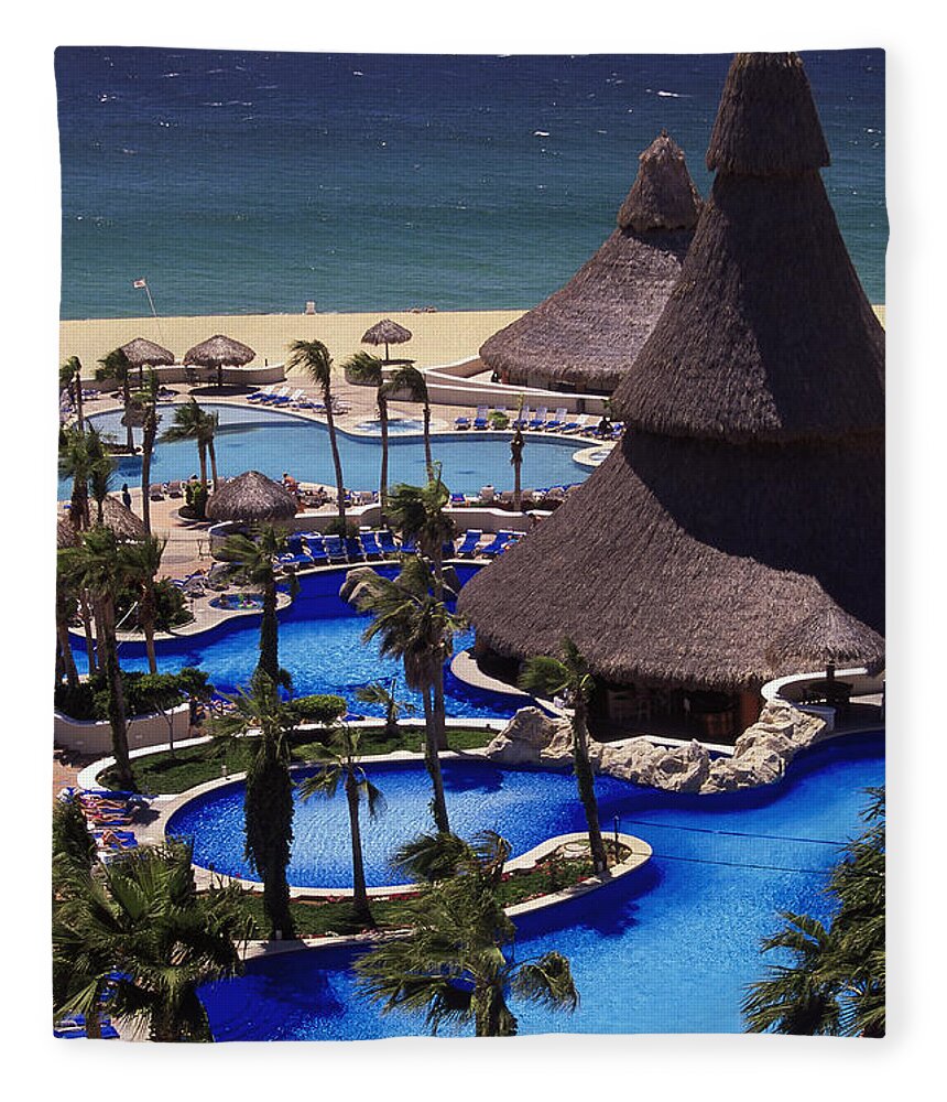 Swimming Pool Fleece Blanket featuring the photograph Swimming Pool And Palapas, Cabo San by Walter Bibikow
