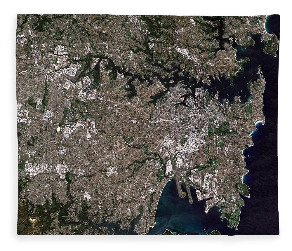Satellite Image Fleece Blanket featuring the digital art Sydney, Australia from space by Christian Pauschert