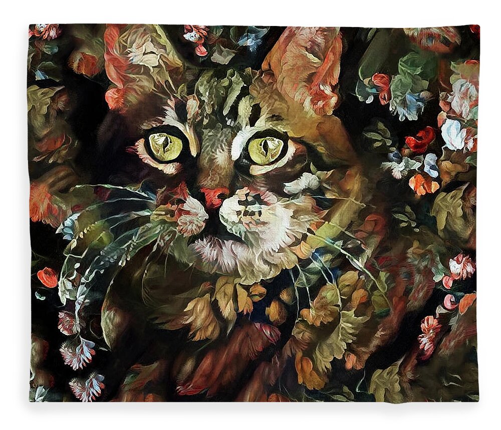 Cat Fleece Blanket featuring the digital art Tabby Cat Old World Floral by Peggy Collins