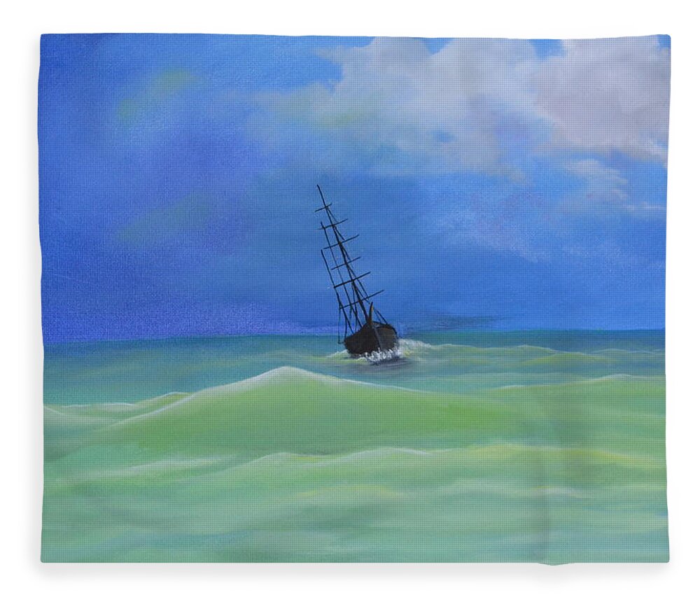 This Is An Oil Painting Of A Sailing Ship In A Ocean Storm. There Are Large Ocean Waves And A Stormy Clouds Approaching The Ship. The Sea Is Green And Blue With Waves Hitting The Ship. The Tall Ship Does Not Have It's Sails Exposed To The Coming Storm. The Waves Are Becoming Larger As They Approach The Ship. The Painting Is Not Framed. This Is An Affordable Gift For Anyone. This Painting Will Fit In Any Home Decor. The Size Of This Painting Is 12 By 16 Inches And Easy To Hang On A Wall. Fleece Blanket featuring the painting Tall Ship by Martin Schmidt