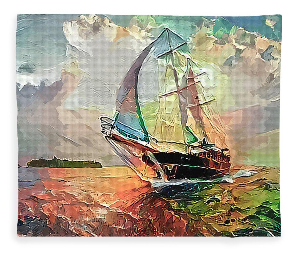 Tall Ship Fleece Blanket featuring the photograph Tall Ship Sails Toward Shore Abstract Painted Digitally by Sandi OReilly