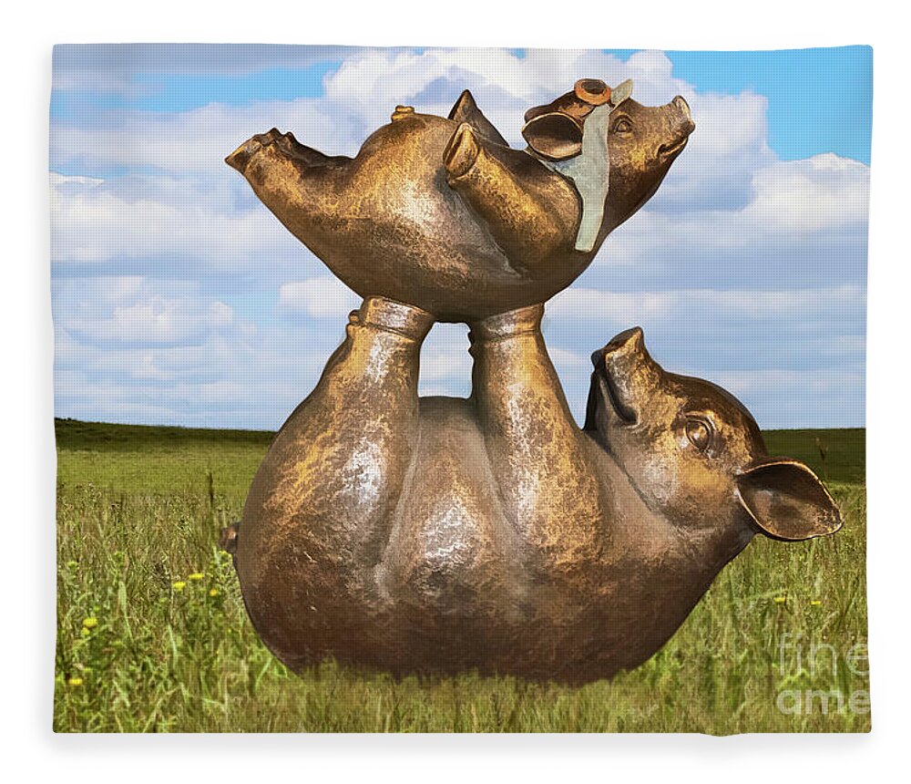 Pigs In Clover Fleece Blanket featuring the digital art Teaching a pig to fly - mother pig in grassy field holds up baby pig with flying helmet to teach it by Susan Vineyard