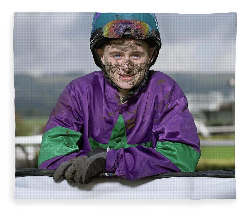 Caucasian Ethnicity Fleece Blanket featuring the photograph Teenage Jockey 16-18 With Dirty Face by Alan Thornton
