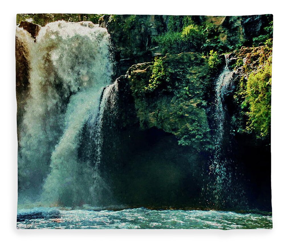 Bali Fleece Blanket featuring the digital art Tegenungan Waterfall in Bali by Russ Harris
