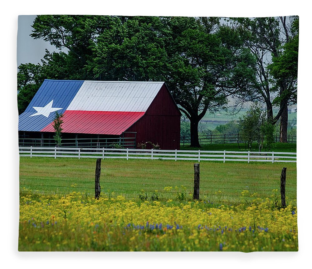 Texas Bluebonnets Fleece Blanket featuring the photograph Texas Flag Barn by Johnny Boyd
