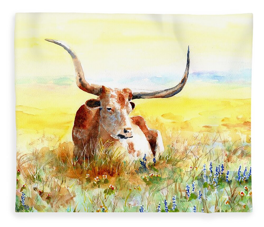 Longhorn Fleece Blanket featuring the painting Texas Longhorn, Bluebonnets and Sunshine by Carlin Blahnik CarlinArtWatercolor
