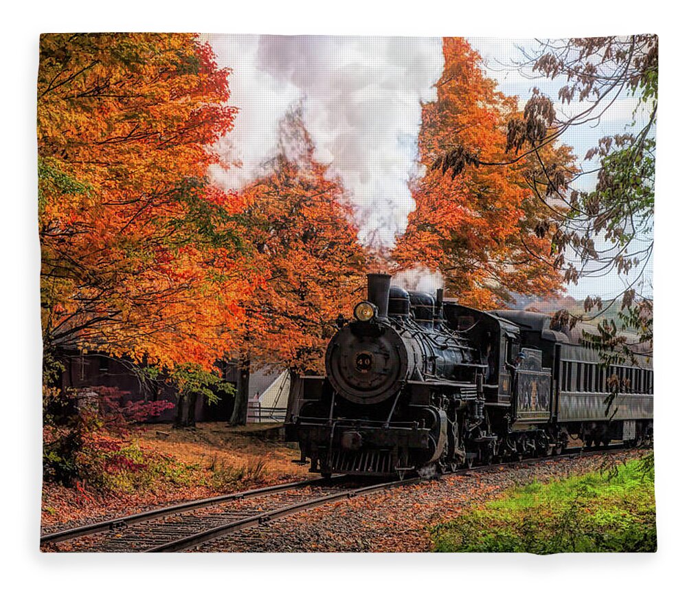 Essex Steam Train Fleece Blanket featuring the photograph The #40 chugging through the fall colors by Jeff Folger