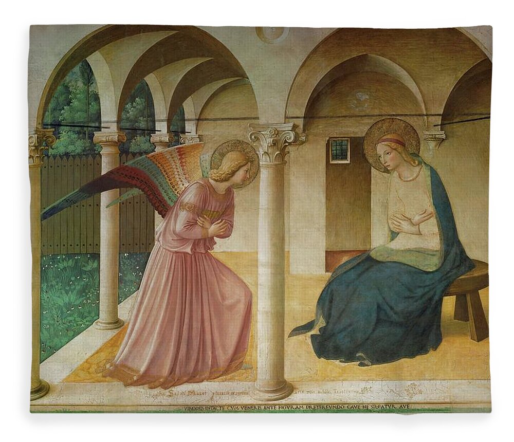 Archangel Gabriel Fleece Blanket featuring the painting The Annunciation. Fresco in the former dormitory of the Dominican monastery San Marco, Florence. by Fra Angelico -c 1395-1455-