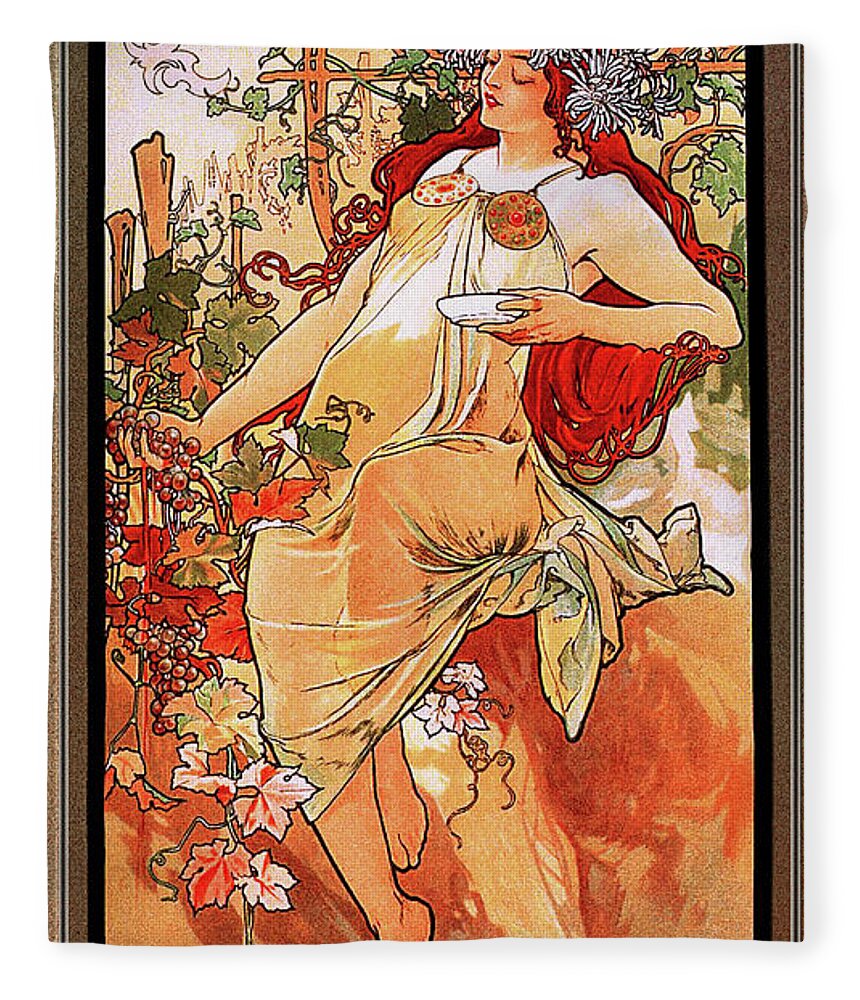 The Autumn Fleece Blanket featuring the painting The Autumn by Alphonse Mucha by Rolando Burbon