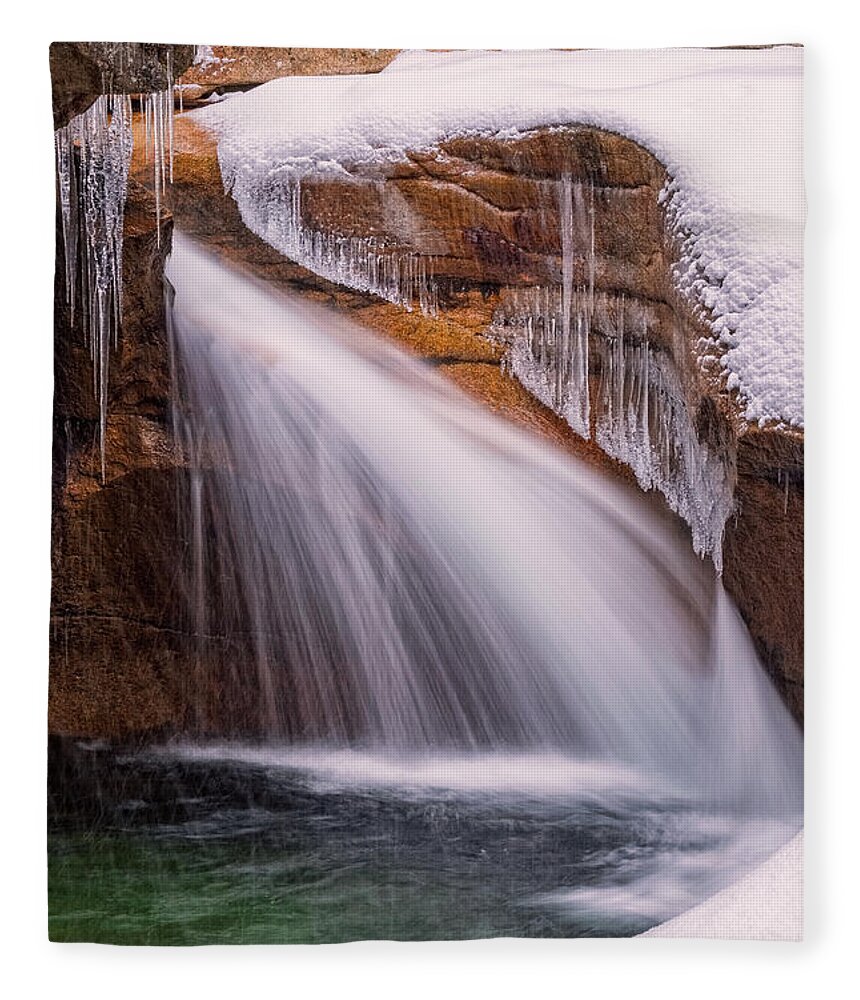 Franconia Notch Fleece Blanket featuring the photograph The Basin, Close Up In A Winter Storm by Jeff Sinon