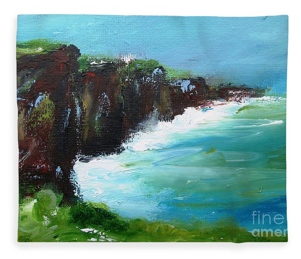 Cliffs Fleece Blanket featuring the painting Painting Of The Cliffs Of Moher County Clare Ireland #1 by Mary Cahalan Lee - aka PIXI