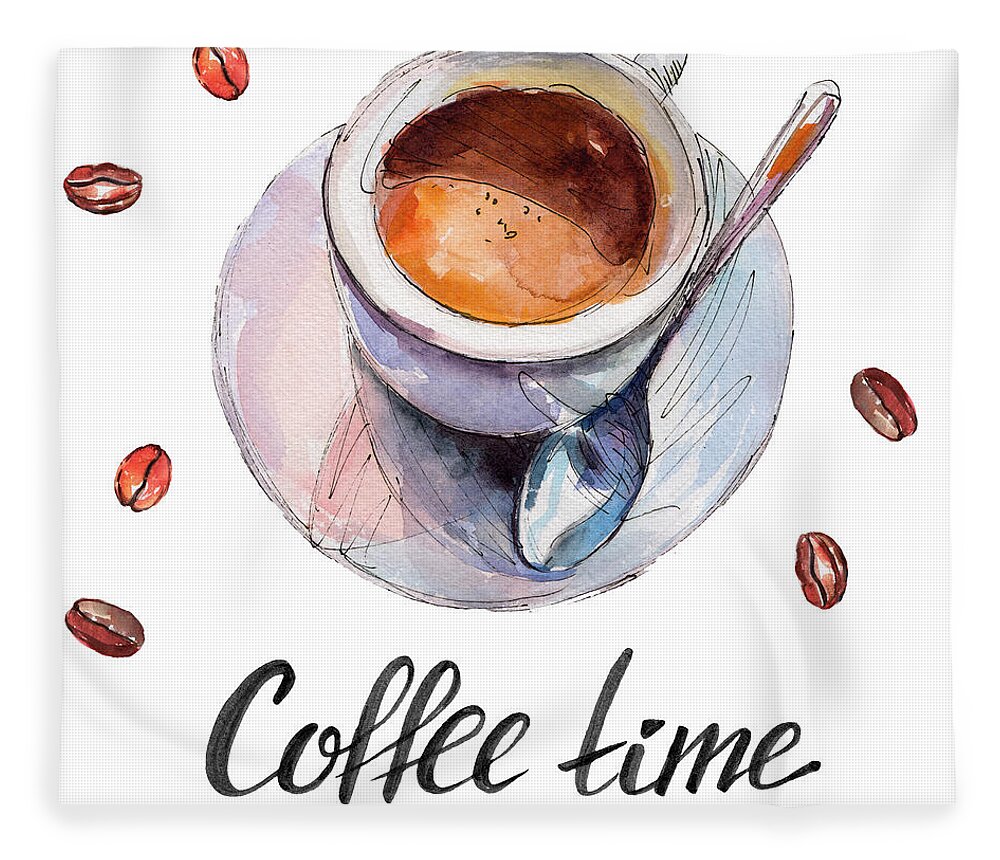Watercolor Painting Fleece Blanket featuring the digital art The Coffee Cup With Beans And Lettering by Viktor Kashin