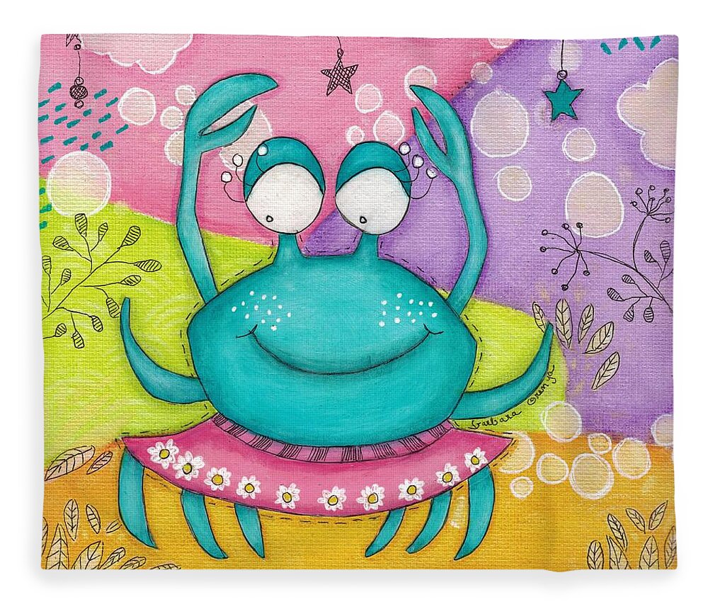 Crab Fleece Blanket featuring the mixed media The crab in tutu by Barbara Orenya