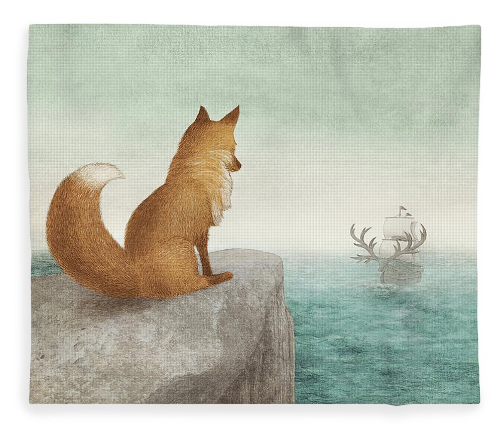 Fox Fleece Blanket featuring the drawing The Day the Antlered Ship Arrived by Eric Fan