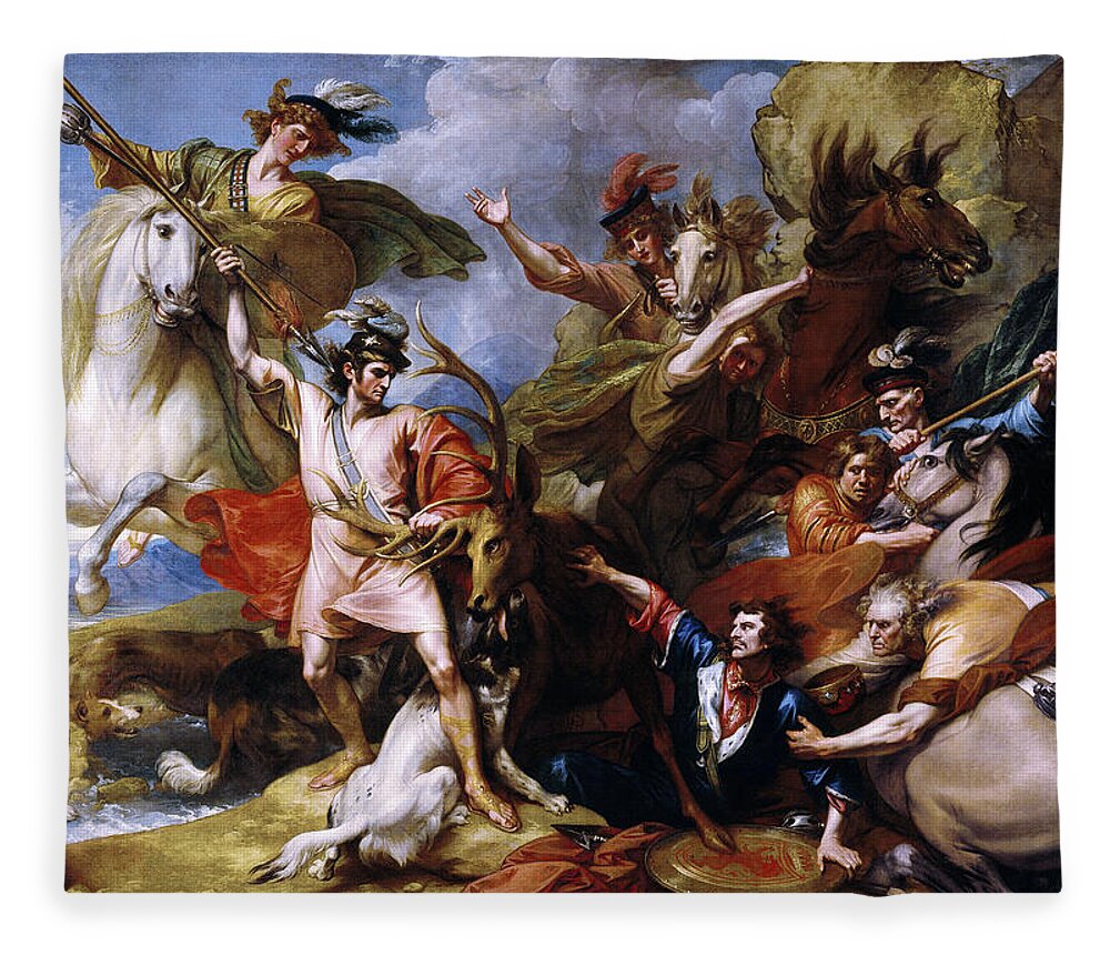 The Death Of The Stag Fleece Blanket featuring the painting The Death of the Stag by Benjamin West by Rolando Burbon