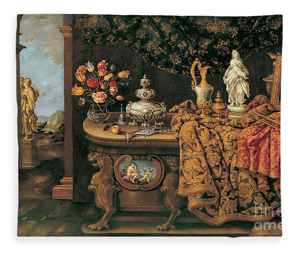 17th Century Fleece Blanket featuring the painting The five senses by Giovanni Battista Manerius