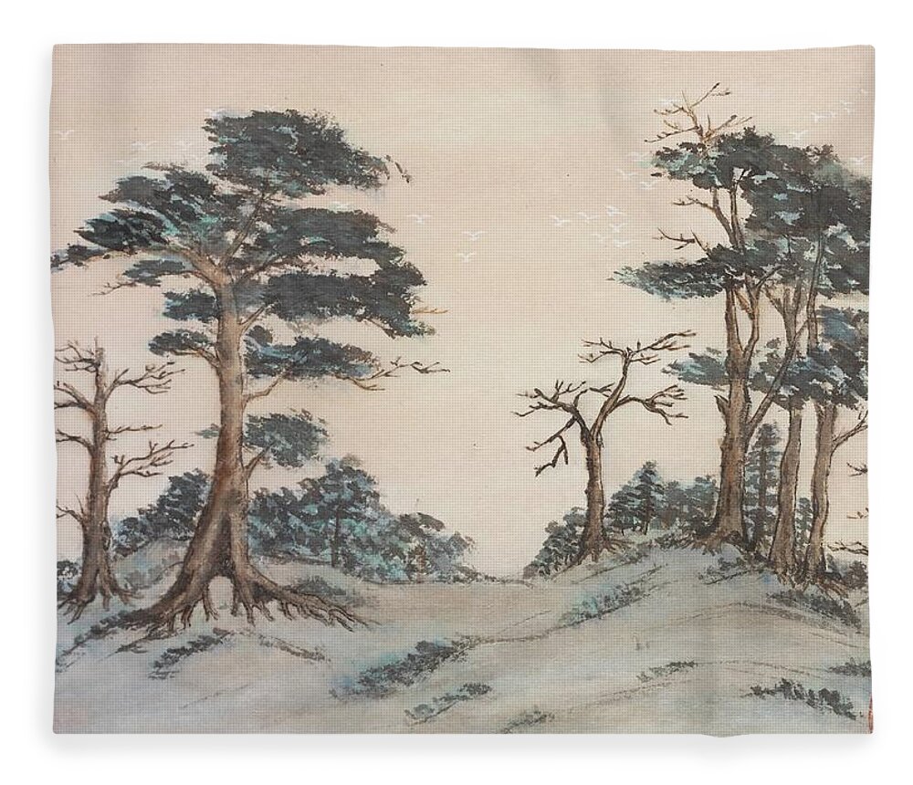 Chinese Watercolor Fleece Blanket featuring the painting Flying White Birds  by Jenny Sanders