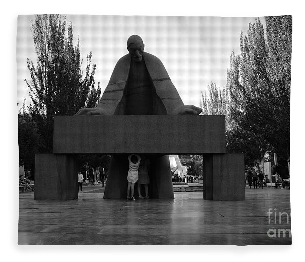Children Fleece Blanket featuring the photograph The girls under the monument - black and white by Yavor Mihaylov