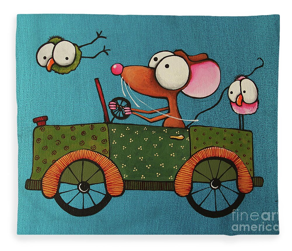 Mouse In A Car Fleece Blanket featuring the painting The Green Car by Lucia Stewart