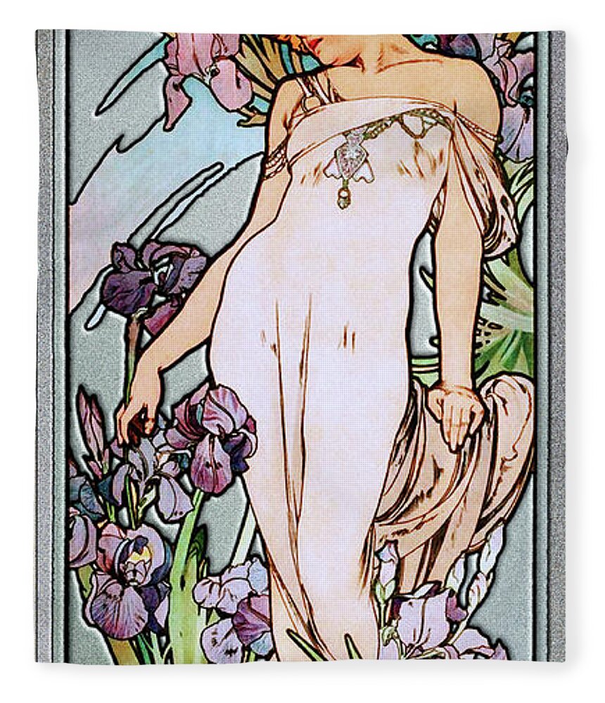 The Iris Fleece Blanket featuring the painting The Iris by Alphonse Mucha Art Nouveau Artwork by Rolando Burbon