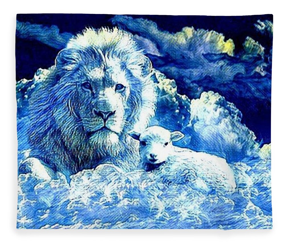 Lion Fleece Blanket featuring the mixed media The Lion and the Lamb by Teresa Trotter