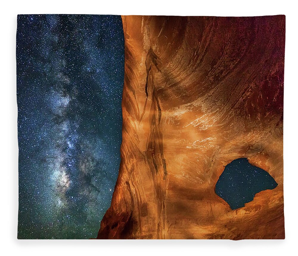 Alcove Fleece Blanket featuring the photograph The Milky Way and the arch at Looking Glass Rock by Dan Norris