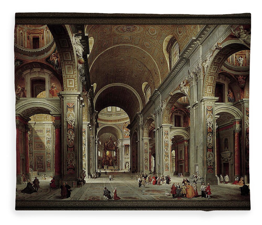The Nave Of St. Peter's Basilica Fleece Blanket featuring the painting The Nave of St Peter's Basilica in the Vatican c1735 by Giovanni Paolo Pannini by Rolando Burbon