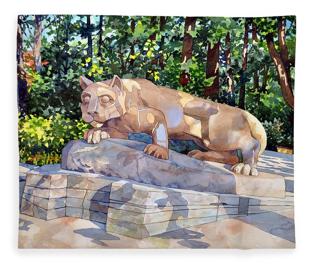 #pennstate #nittanylion #statecollege #watercolor #landscape #fineart #commissionedart Fleece Blanket featuring the painting The Nittany Lion by Mick Williams