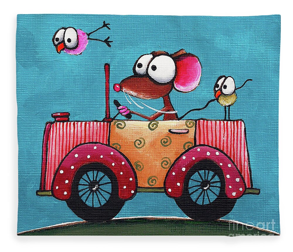 Mouse In A Car Fleece Blanket featuring the painting The Pink Car by Lucia Stewart
