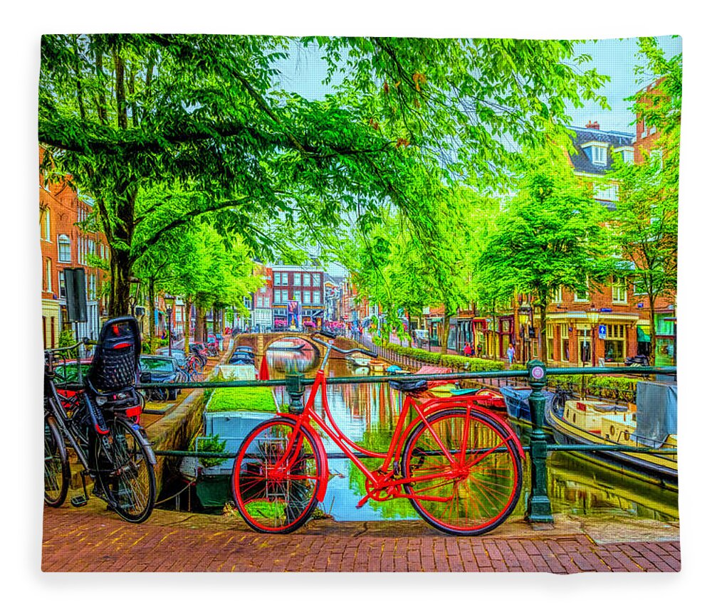 Boats Fleece Blanket featuring the photograph The Red Bike in Amsterdam in HDR Detail by Debra and Dave Vanderlaan