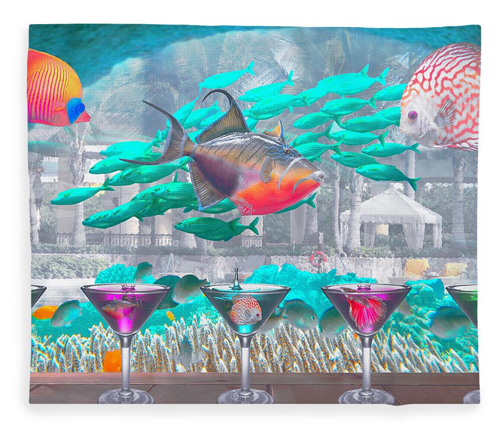 Fishing Fleece Blanket featuring the digital art The Reef Martini Bar in Soft Underwater Tones by Debra and Dave Vanderlaan