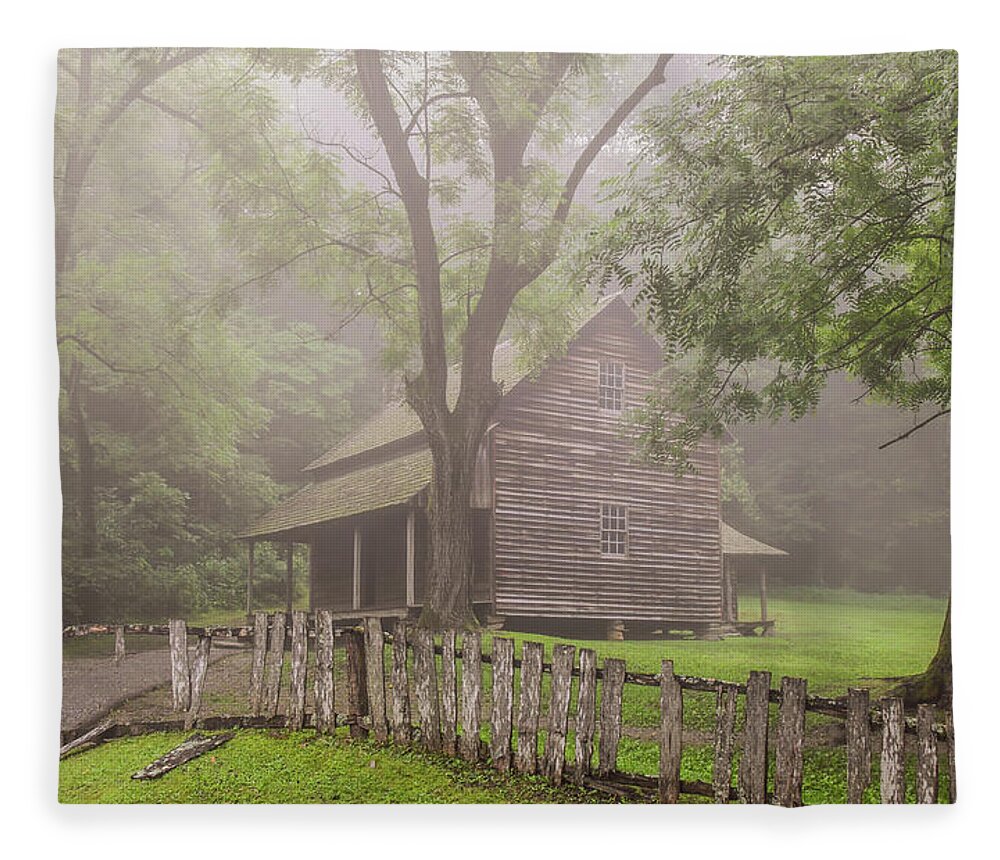 Cades Cove Fleece Blanket featuring the photograph The Tipton Place on a Foggy Morning by Marcy Wielfaert