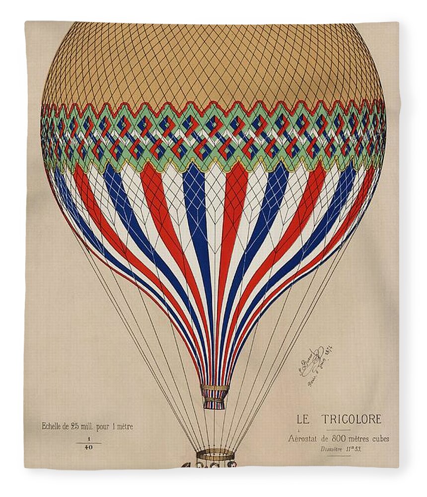 Flower Fleece Blanket featuring the painting The Tricolor with a French flag themed balloon ascension in Paris, June 6th 1874 by MotionAge Designs