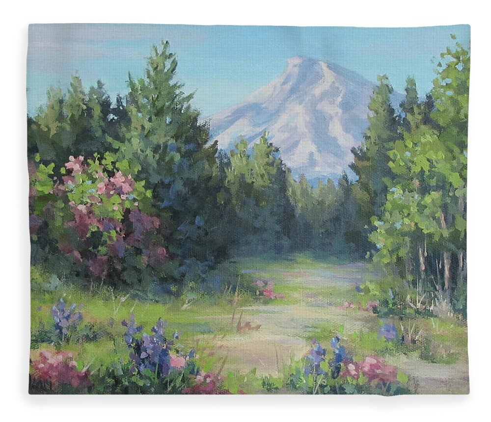 Mt Hood Fleece Blanket featuring the painting The View by Karen Ilari