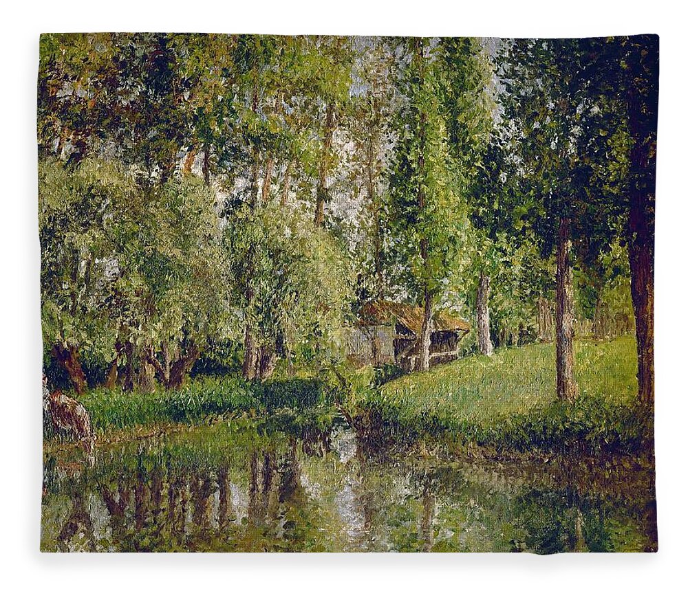 Camille Pissarro Fleece Blanket featuring the painting The Wash-house at Bazincourt - 1900 - 65,5x81 cm - oil on canvas. by Camille Pissarro -1830-1903-