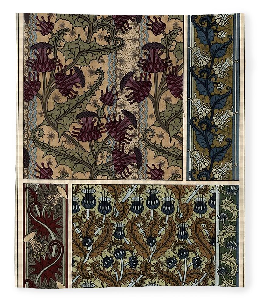 1897 Fleece Blanket featuring the drawing Thistle in art nouveau patterns for wallpaper and fabrics. Lithograph by M. P. Verneuil. by Album