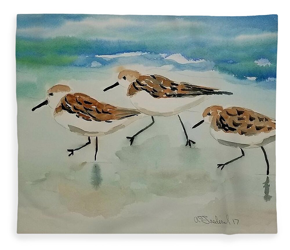 Plovers Fleece Blanket featuring the painting Three birds at the beach by Ann Frederick