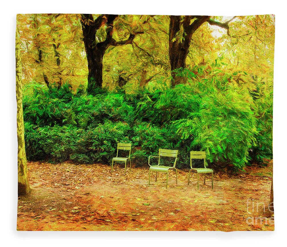 Tranquility Fleece Blanket featuring the photograph Three Chairs of Luxenburg Gardens by Craig J Satterlee