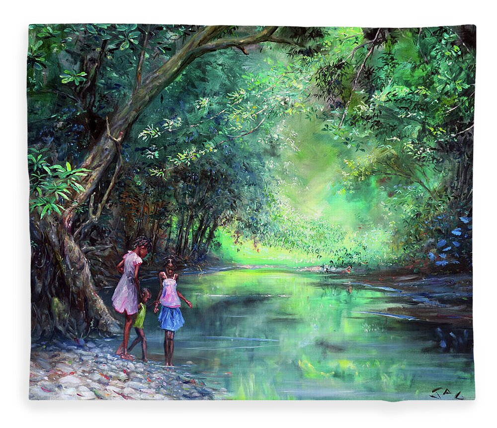Caribbean Art Fleece Blanket featuring the painting Three Children by the River by Jonathan Gladding