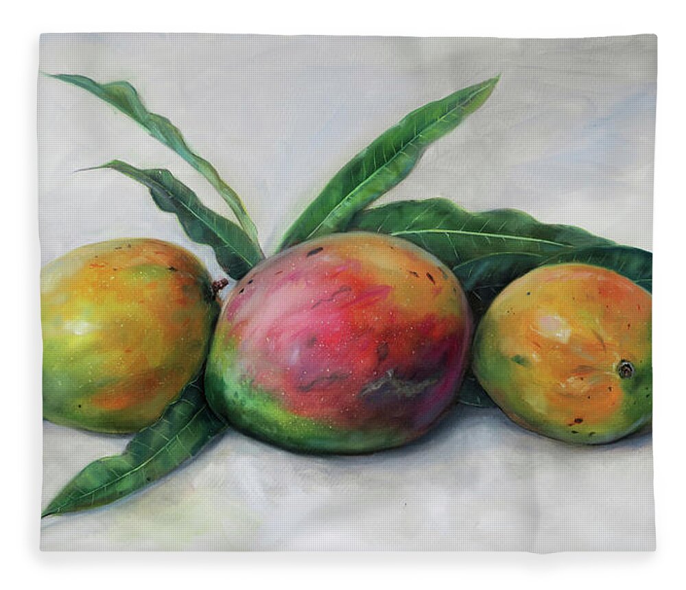 Still Life Fleece Blanket featuring the painting Three Julie Mangos by Jonathan Gladding