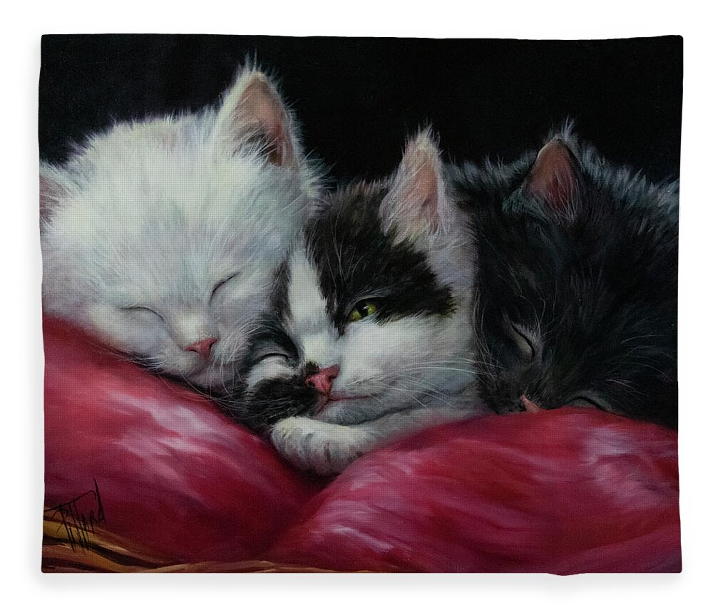 Kittens Fleece Blanket featuring the painting Three Little Kittens by Lynne Pittard