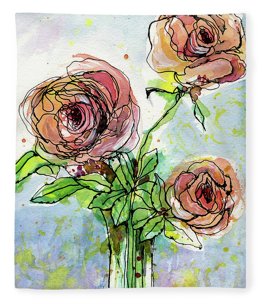 Watercolor Fleece Blanket featuring the painting Three Roses by AnneMarie Welsh