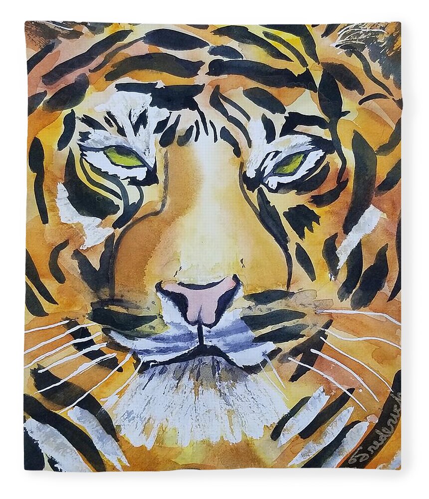 Tiger Fleece Blanket featuring the painting Tiger Eyes by Ann Frederick