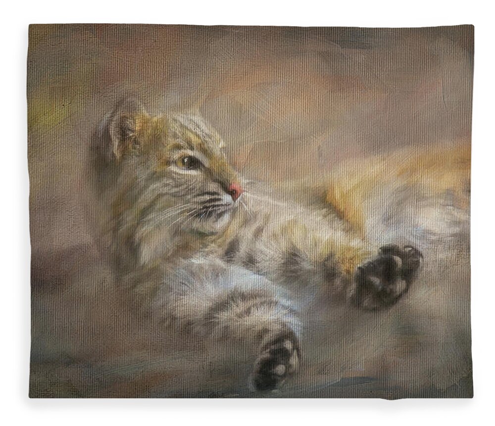 Bobcat Fleece Blanket featuring the painting Time To Rise and Shine by Jai Johnson
