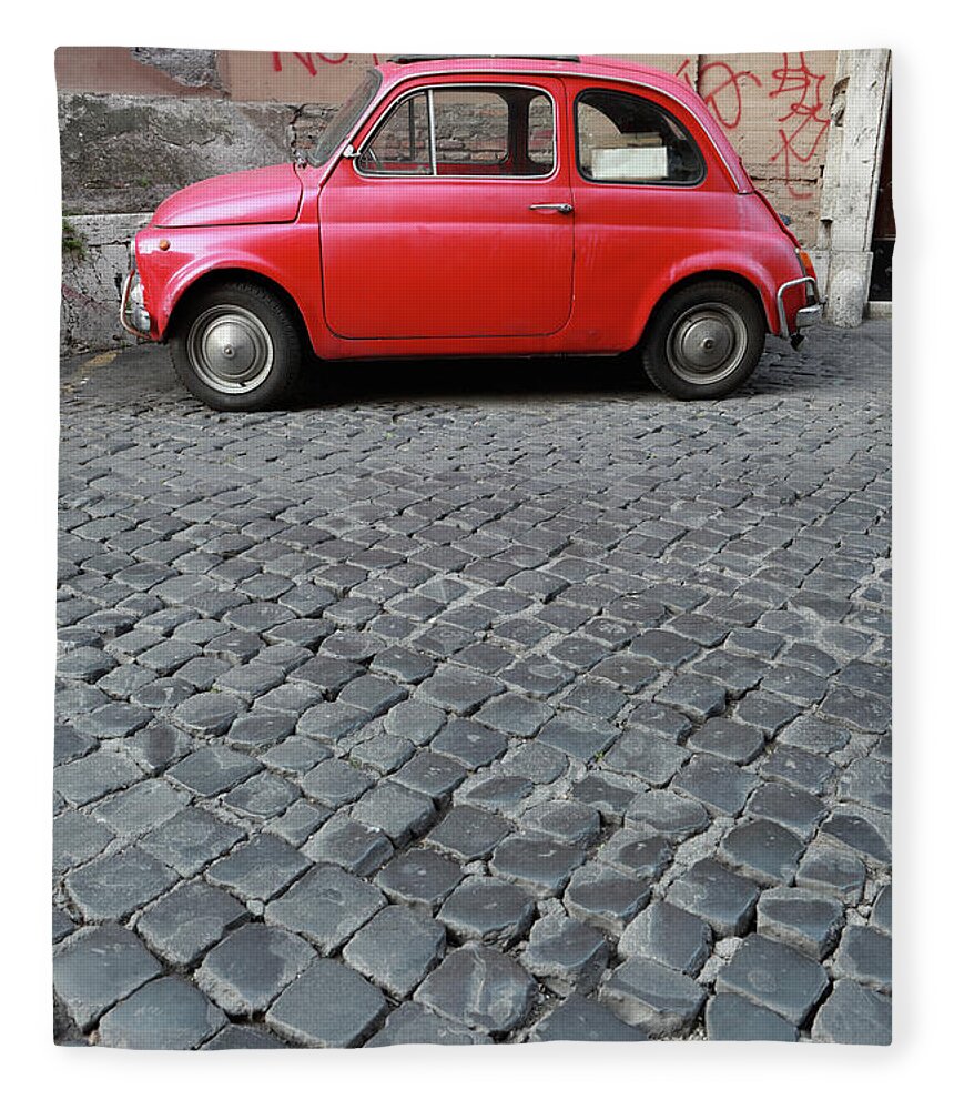 Sparse Fleece Blanket featuring the photograph Tiny Red Vintage Car In Rome, Italy by Romaoslo