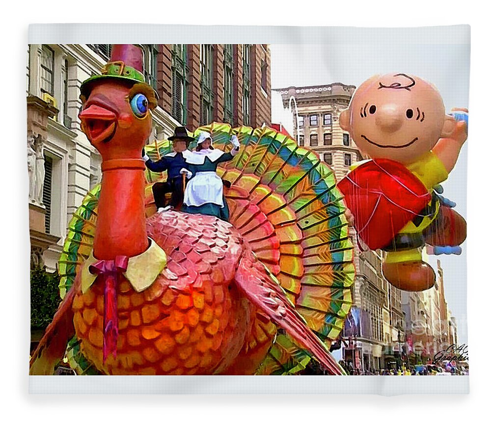 Macy's Fleece Blanket featuring the digital art Tom Turkey and Charlie Brown Macys Thanksgiving by CAC Graphics