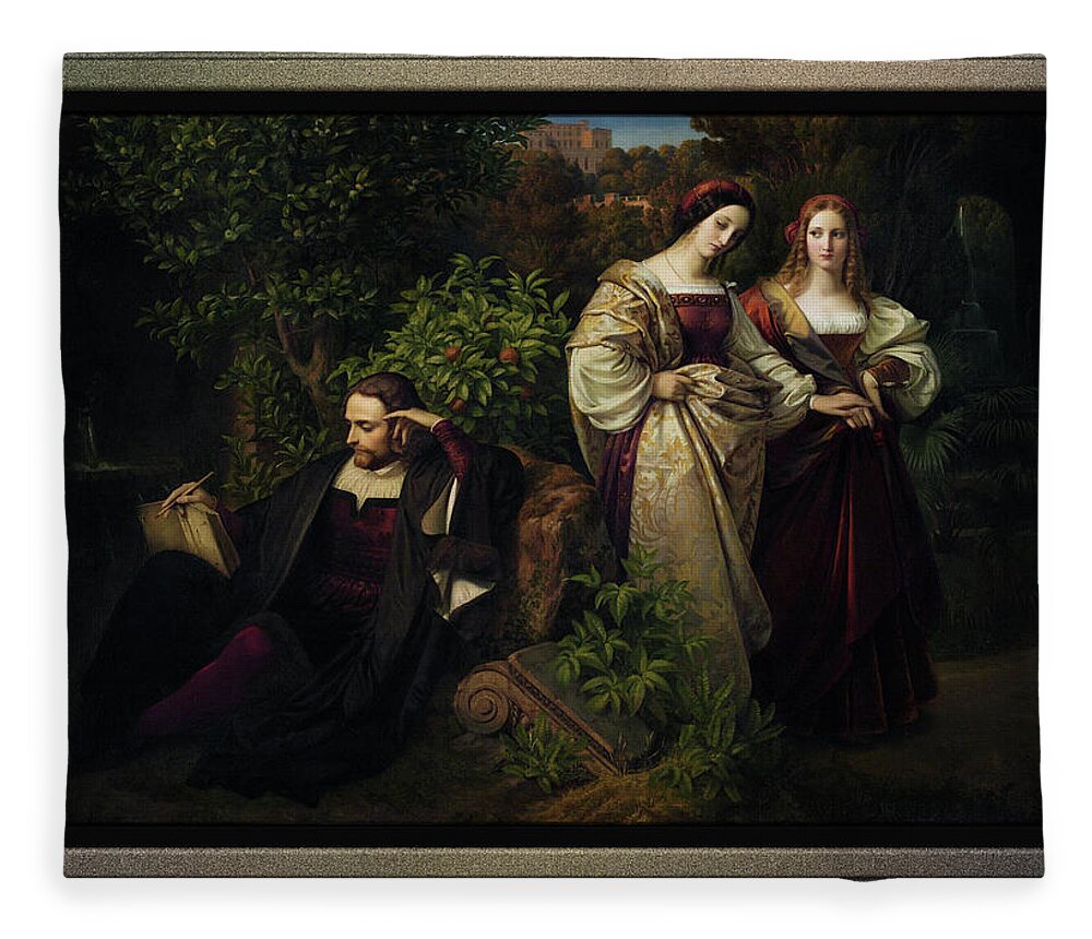 Torquato Tasso Fleece Blanket featuring the painting Torquato Tasso and the Two Leonores by Karl Ferdinand Sohn by Rolando Burbon