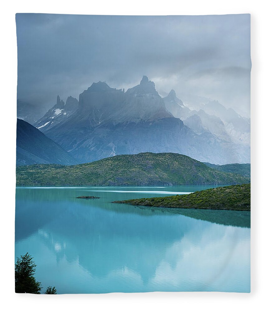Scenics Fleece Blanket featuring the photograph Torres Del Paine And Pehoe Lake by Pedro Nunez Photography