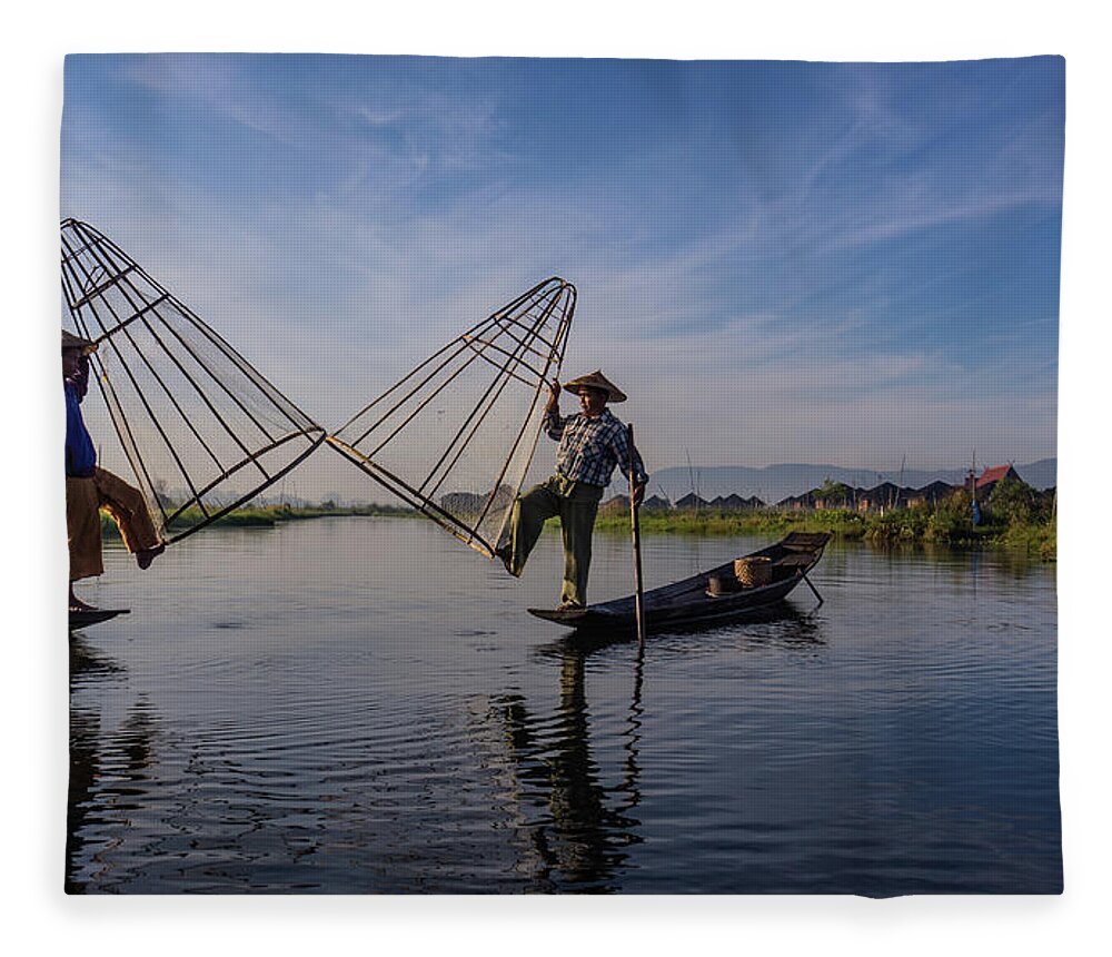 Fisherman Fleece Blanket featuring the photograph traditional Intha fishermen raising nets by Ann Moore