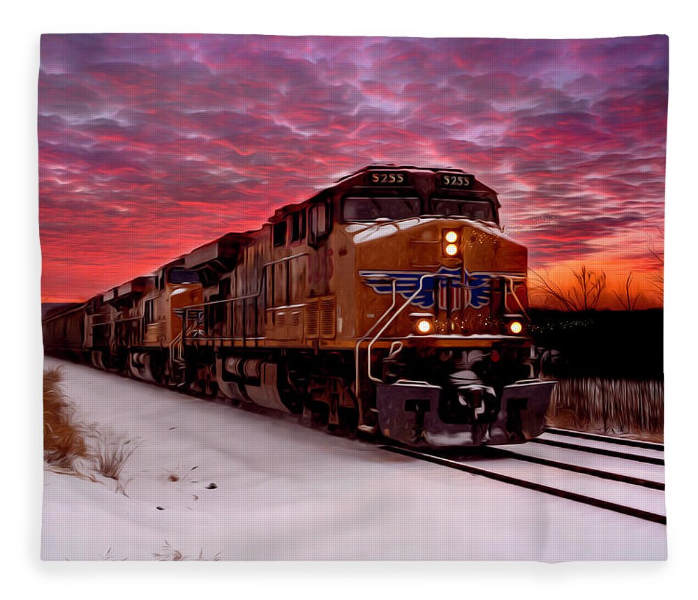 Train Fleece Blanket featuring the digital art Train Engine Painting by Sandra J's